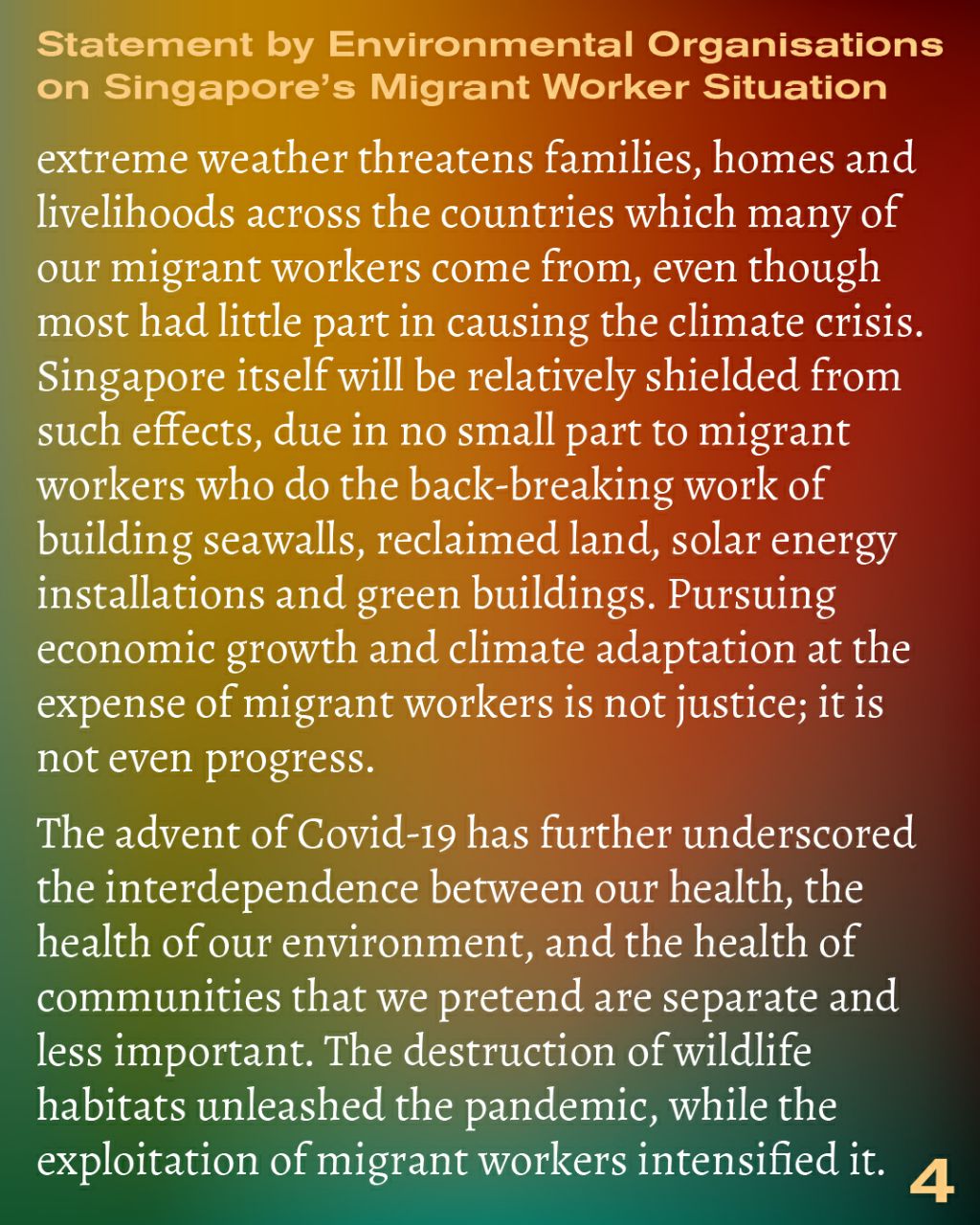 'Statement by Environmental Organisations on Singapore's Migrant Worker Situation' page 4